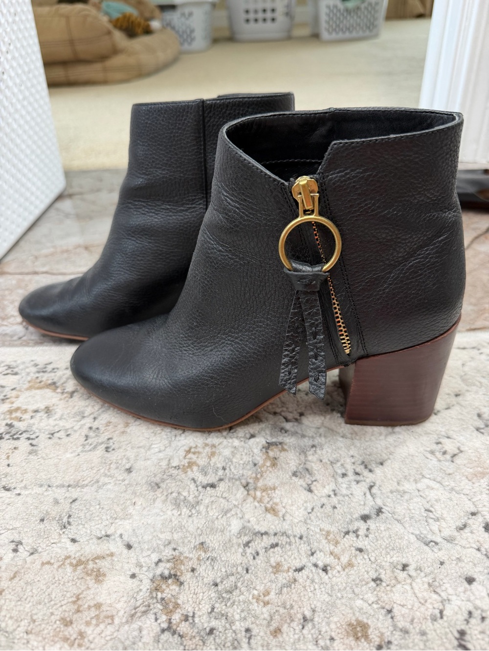 Franco Sarto Black Leather Ankle Boots with Gold Ring Zip